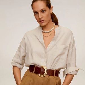 Mango tan Mao collar oversized linen shirt
